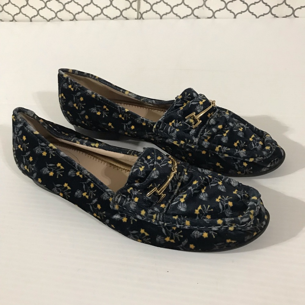 CAbi Floral Velvet Loafers with Gold Accent - Women's Navy/Yellow Size 9B